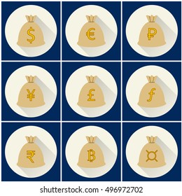 Money bag currency long shadow icons set.