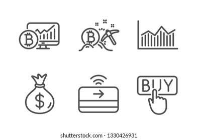 Money bag, Money diagram and Bitcoin mining icons simple set. Bitcoin chart, Contactless payment and Buying signs. Usd currency, Currency diagram. Finance set. Line money bag icon. Editable stroke