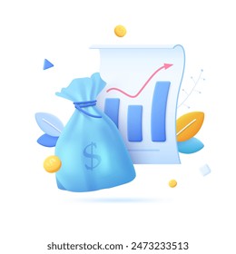Money bag and diagram showing growth. Cash, interest rate, business and finance, return on investment, financial solution.  Vector icon in 3D cartoon minimal style
