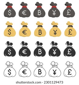 Money bag with different money symbols - vector icon collection. Dollar, euro, pound sterling, yen, bitcoin symbols.