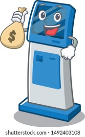 With money bag digital information cartoon kiosk above mascot table