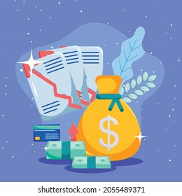 Money bag with documents of interest theme