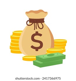 Money bag, dollar banknotes and coins on white background
