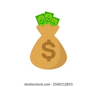 Money bag dollar banknotes. Dollar currency bag sack banknotes bill heap paper vector design and illustration. 
