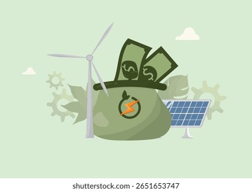 Bolsa de dinheiro com cédulas de dólar cercadas por turbinas eólicas, painéis solares e ícones de engrenagens, representando o investimento em energia renovável e os benefícios financeiros. Conceito de energia renovável. Ilustração vetorial