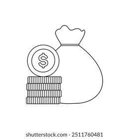 Money bag with dollar coin and stack of coins, line art, financial concept