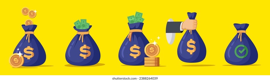 Money bag, dollar coins and banknotes in flat vector illustration.