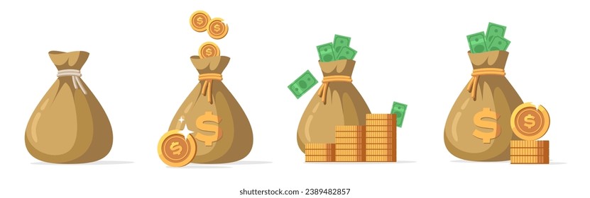 Money bag, dollar coins and banknotes in flat vector illustration.