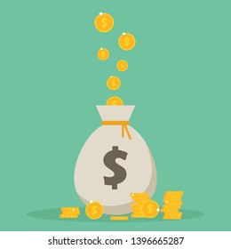 Money bag, dollar coins and bills vector illustration. Financial concept.