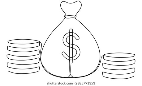 Money bag with dollar coins stack continuous one line drawing. Business concept. Vector illustration isolated on white.