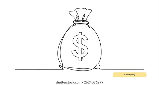 saco de dinheiro com sinal de moeda de dólar desenho de arte de linha única contínuo esboço no fundo branco	