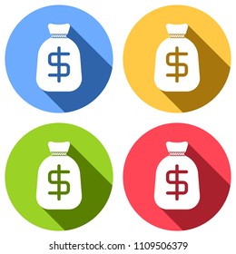 Money bag with dollar. Full moneybag icon. Set of white icons with long shadow on blue, orange, green and red colored circles. Sticker style