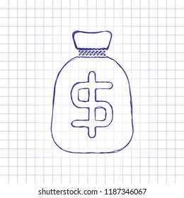 Money bag with dollar. Full moneybag icon. Hand drawn picture on paper sheet. Blue ink, outline sketch style. Doodle on checkered background