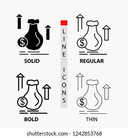 money, bag, dollar, growth, stock Icon in Thin, Regular, Bold Line and Glyph Style. Vector illustration