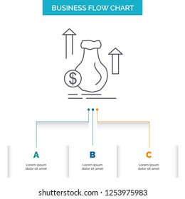 money, bag, dollar, growth, stock Business Flow Chart Design with 3 Steps. Line Icon For Presentation Background Template Place for text