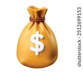 Money bag with dollar icon, 3D vector in cartoon minimal style. Represents cash, interest rates, business finance, and financial solutions. Ideal for investment and payment concepts.