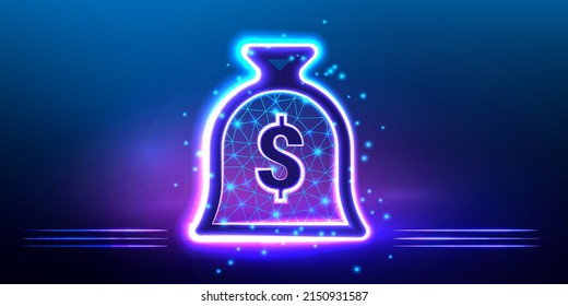 Money bag with dollar icon. Cash, interest rate, business and finance, return on investment, financial solution, prepayment and down payment concept. Polygonal icon for business. Vector ilustration