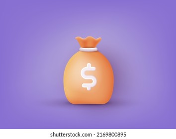 Money bag with dollar icon. Prepayment and down payment concept. 3D Web Vector Illustrations.