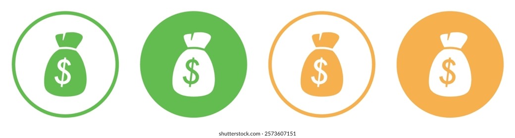 Money bag with dollar icon. Set of Money bag icons. Dollar money bag vector icons set in green and yellow circle. Silhouette and line icons. Vector illustration.