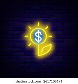 Money bag with dollar neon signboard. USA money. Economy science emblem. Finance accumulation. Vector illustrationDollar with sunny flower neon sign. USA money growth. Economy label. Business concept.