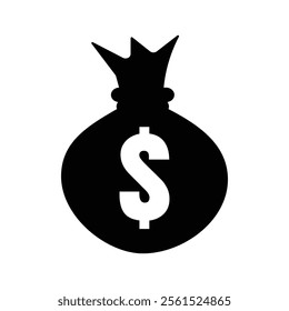 Money bag, dollar sign, black and white, icon, simple design, financial symbol, wealth, currency, cartoon style, minimalist, graphic design, vector art, silhouette, tied sack.