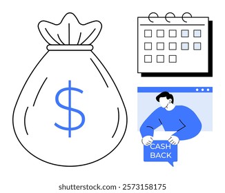 A money bag with a dollar sign, a calendar, and a person receiving cash back. Ideal for financial planning, savings strategies, budgeting, personal finance, and cashback programs. Simple vector style
