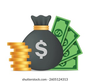 Money bag with dollar sign and golden coin stack and money. Business, finance, banking and investment concept. 3d vector icon. Cartoon minimal style.
