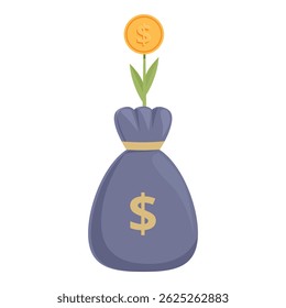 Money bag with a dollar sign growing a gold coin with a dollar sign on a stem with leaves symbolizing investment growth