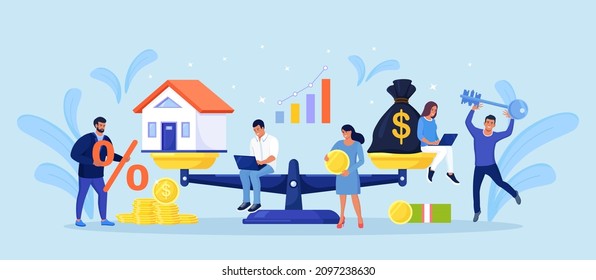 Money bag with dollar sign and house on scales. Real estate, rental expense, liabilities concept. Buying home. Mortgage loan, real estate investment. Sale or rent apartment. Vector design
