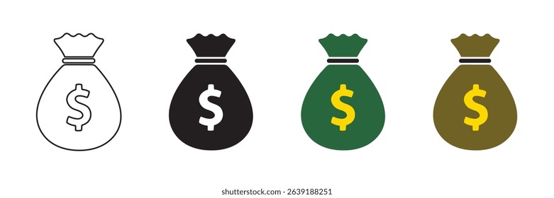 Money Bag with Dollar Sign icon vector illustration. Line, fill, and color version for web and graphic design use.
