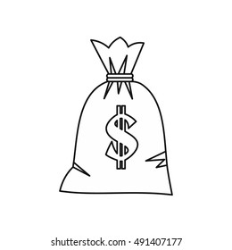 Money bag with dollar sign icon in outline style isolated on white background vector illustration