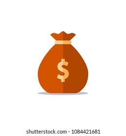 Money bag with dollar sign, interest rate, business and finance, return on investment, financial solution, prepayment and down payment concept, income tax, vector icon