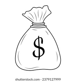 Money bag with dollar sign. Linear doodle icon. Wealth, success, bank or finance concept.

