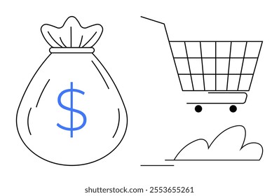 A money bag with a dollar sign next to a shopping cart in minimalist line style art. Ideal for finance, retail, e-commerce, budgeting, and shopping. Black and blue, vector, clean design