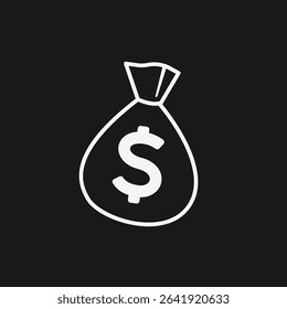 Money Bag with Dollar Sign on Black Background, Representing Wealth, Savings, or Financial Gain, White Outline Icon