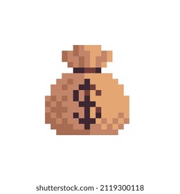 Money bag with dollar sign pixel art icon. Design for logo, sticker, mobile app, website, badges and patches. 8-bit sprite. Isolated vector illustration.  svg