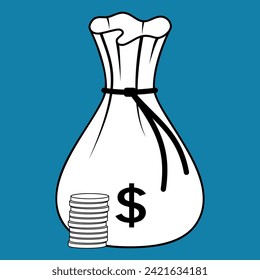 A money bag with a dollar sign and a stack of coins highlighted on a blue background. The financial and economic logo.