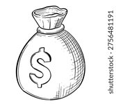 money bag dollar sign vector line art hand drawn illustration