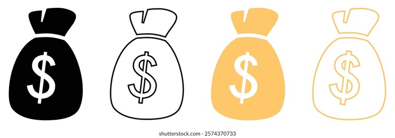 Money bag with dollar sign. Dollar money bag vector icons set. Set of Money bag icons isolated. Silhouette and outline line icons. Flat style. Vector illustration.