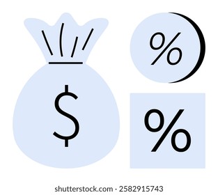 Money bag with dollar symbol beside two percentage signs, one round and one square. Ideal for finance, banking, savings, investments, interest rates, budgeting, economic growth themes. Line metaphor