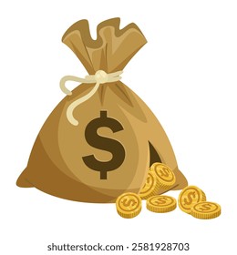 Money bag with dollar symbol and coins on white background. Vector illustration