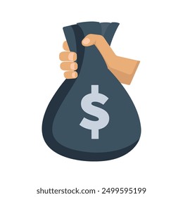 Money Bag with dollar symbol in a hand. Vector isolated on white.