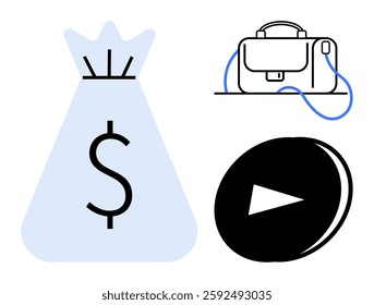 Money bag with dollar symbol representing financial gain next to a business briefcase and a play button. Ideal for online business, finance, e-commerce, investment, entrepreneurship, digital