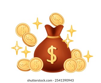 Bolsa de dinero con un símbolo de dólar rodeado de monedas y destellos, que representan la acumulación de riqueza, la prosperidad y el éxito. Adecuado para temas financieros, de ahorro y de negocios. Ilustración vectorial.