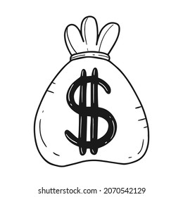Bolsa de dinero con símbolo de dólar. ilustración de doodle vectorial aislada en fondo blanco.