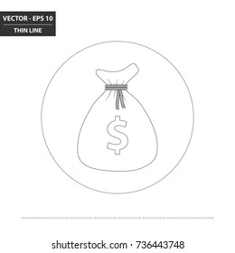 Money bag and dollar thin line flat icon. Vector Illustration.