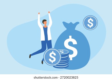 Bolsa de dinero Dólares y monedas de pila. Icono de la riqueza y la banca, finanzas.