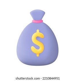 Money Bag with Dollars Isolated on White Background. 3D Vector illustration
