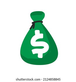 Money bag doodle vector or drawn cash canvas sack with dollar currency vector icon isolated on white background illustration green color