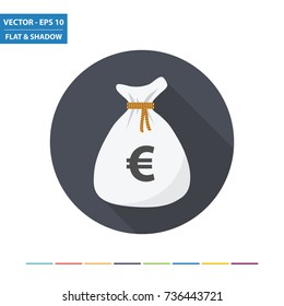 Money bag and euro flat icon with long shadow. Vector Illustration.